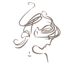 Curly hair. Linear illustration profile of a female head with a deliberately careless hairdo. Modern hair style.