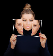 Aging. Mature woman-young woman.Face with skin problem.Before and after cosmetic procedures