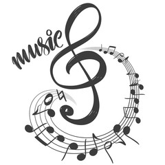 musical notes icon, love music, calligraphy text hand drawn vector illustration sketch