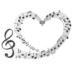 Naklejka premium musical notes in the form of a heart icon, love music, hand drawn vector illustration sketch