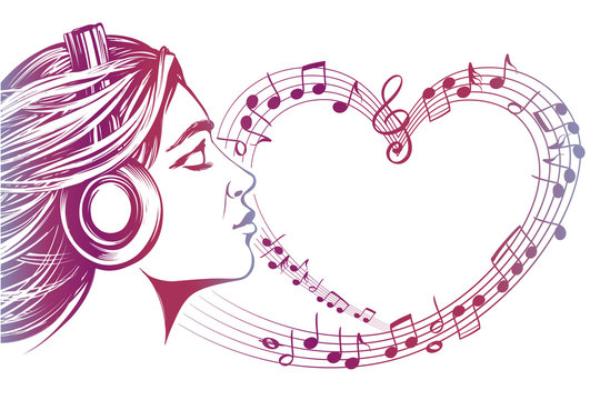 beautiful young girl listening to music on headphones, musical notes love music, hand drawn vector illustration sketch