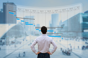 Project manager working with Gantt chart planning, tracking milestone and deliverables and updating...