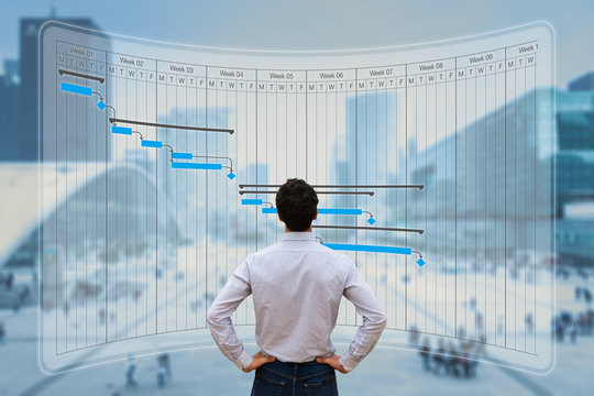 Project manager working with Gantt chart planning, tracking milestone and deliverables and updating tasks progress, scheduling skills, on virtual screen with city background