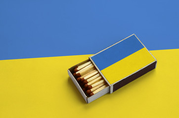 Ukraine flag  is shown in an open matchbox, which is filled with matches and lies on a large flag