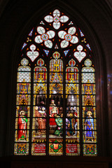 Colorful stained glass in cathedral of St. Michael and St. Gudula.
