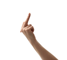 Woman hand showing middle finger isolated on a white