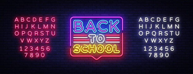 Back to School greeting card design template neon vector. Modern trend design, the beginning of school year neon sign, light banner. Back to School for greeting card. Vector. Editing text neon sign