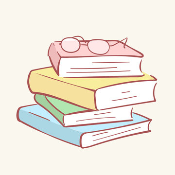 Pile stack books glasses hand drawn style vector doodle design illustrations