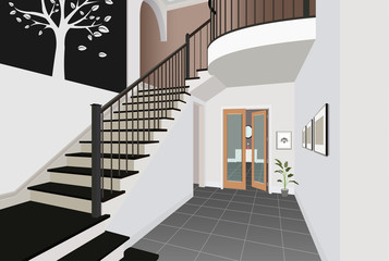 Vintage interior of the hallway with a staircase. Design of modern room. Symbol furniture, hallway illustration