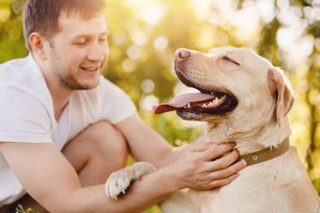 Owner young man with labrador dog outdoors green grass. Concept friendship