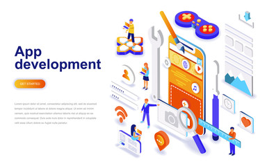 Fototapeta na wymiar App development modern flat design isometric concept. Smartphone and people concept. Landing page template. Conceptual isometric vector illustration for web and graphic design.