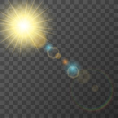 Sun flash with rays and spotlight.  Transparent sunlight special lens flare light effect. Vector Illustration