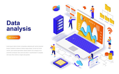 Data analysis modern flat design isometric concept. Analytics and people concept. Landing page template. Conceptual isometric vector illustration for web and graphic design.