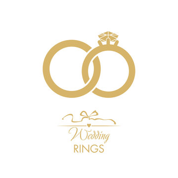 Wedding logo. Gold wedding rings. Attributes and decoration ceremony. The symbol of faith, love, care, happiness, mutual understanding, strength.