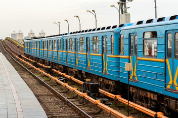Obraz premium Metro train in the open air at the Metro Dnepr station in Kiev in May 2018