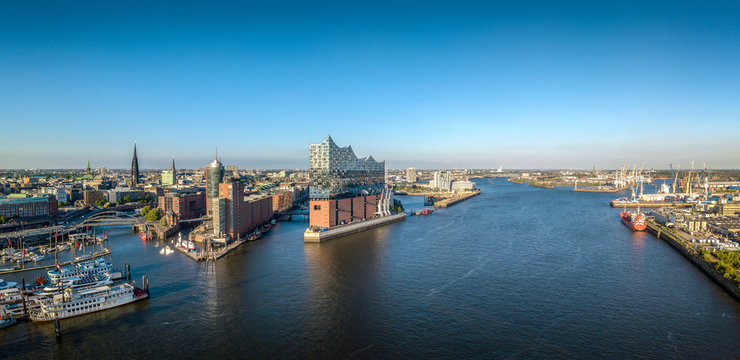 Aerial panorama of Hamburg harbor skyline with Elbphilharmonie concert hall on Elbe RiveR