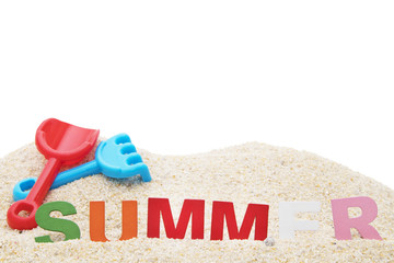 summer background, beach sand with text and accessories