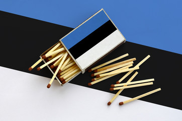 Estonia flag  is shown on an open matchbox, from which several matches fall and lies on a large flag