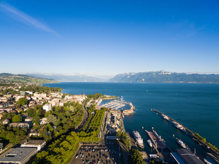 Aerial view of Ouchy waterfront in  Lausanne, Switzerland