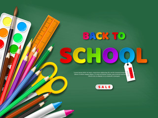 Back to school sale poster with realistic school supplies. Paper cut style letters on blackboard background. Vector illustration.