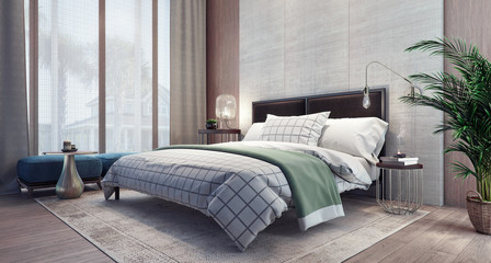 Modern design of bedroom interior 3D Rendering