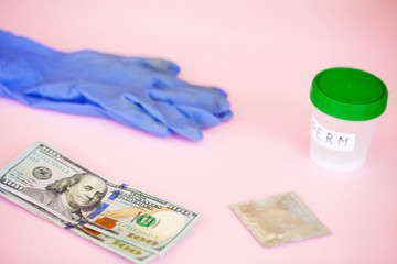 Health. Sperm Analysis. Concept of Bank Sperm. Infertility. Doctor's Hand Holding Container for Analyzes