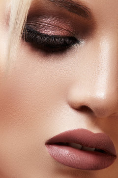 Closeup with of beautiful blond woman. Fashion makeup, clean shiny skin. Makeup and cosmetic. Beauty style on model face
