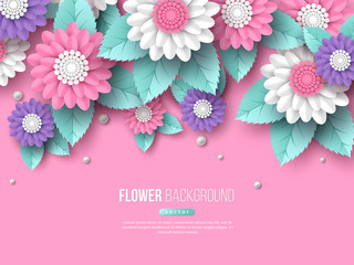 Paper cut 3d flowers banner in pink, white and violet colors. Place for text. Decorative elements for holiday design. Vector illustration.