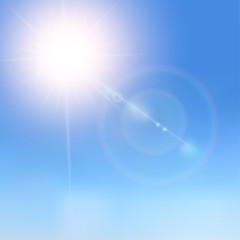 Realistic sunlight on a blue sky. Shining beige vector golden sun light effects. Flares and gleams sunlight. Vector Illustration