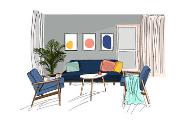 vector interior design illustration.living room furniture. hand drawn watercolor sketch. Mid century modern. Danish. Designer fashion