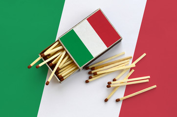 Italy flag  is shown on an open matchbox, from which several matches fall and lies on a large flag