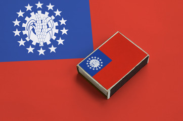Myanmar flag  is pictured on a matchbox that lies on a large flag