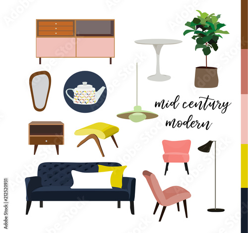 vector collection set of mid century modern interior design