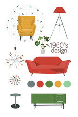 vector collection set of mid century modern interior design. Illustration. Mood board of retro vintage home decor. Furniture elements collection set. 
