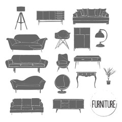 vector furniture drawing silhouette. home house interior design. collection set elements. interior icons. 