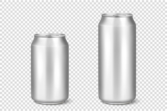 Vector realistic 3d empty glossy metal silver aluminium beer pack or can visual 330ml 500ml. Can be used for lager, alcohol, soft drink, soda, fizzy pop, lemonade, cola, energy drink, juice, water etc