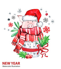2019 Happy New Year illustration. Christmas. Cute pig in winter scarf with Santa hat. Greeting watercolor cake. Symbol of winter holidays. Zodiac sign. Perfect for calendar and card. - 212523952