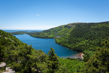 View of Jordan Pond from atop North Bubble Hiking Trail in Maine 