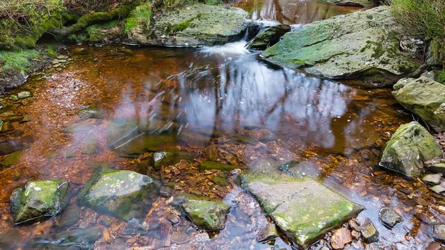 Timelapse sequence of a small waterfall and lake of the mountain creek Tro Maret in the Ardennes, Belgium with bubbles shooting around in 4K. The water is brown due to the high amount of peat in the a