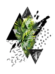 Tuinposter Grafische prints Aquarel blad schilderij in driehoek, ruwe penseelstreken, doodle, kronkelen, grunge, marmeren texturen.