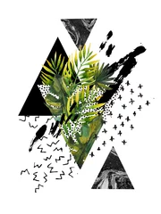 Deurstickers Aquarel blad schilderij in driehoek, ruwe penseelstreken, doodle, kronkelen, grunge, marmeren texturen. © Tanya Syrytsyna