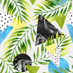Poster Driehoeken, cirkels met aquarel palmblad, marmeren grunge texturen. © Tanya Syrytsyna