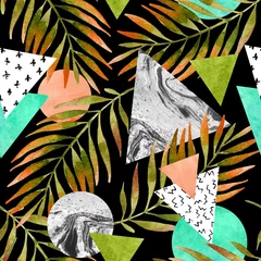 Zelfklevend Fotobehang Driehoeken, cirkels met aquarel palmblad, marmeren grunge texturen. © Tanya Syrytsyna