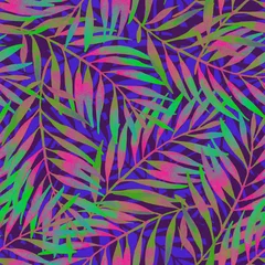 Selbstklebende Fototapete Grafikdrucke Handbemaltes tropisches Blatt in lebendigen Rave-Farben auf dunklem Hintergrund.