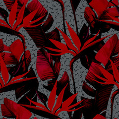 Fototapeta premium Unusual watercolor tropical seamless pattern with bird-of-paradise flower.