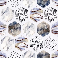 Tapeten Aquarellsechseck mit Streifen, Welle, Kurve, Aquarellmarmor, gekörnt, Grunge, Papierstrukturen, minimale Elemente. © Tanya Syrytsyna