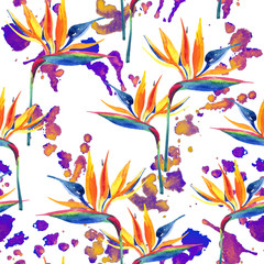Watercolor painting of tropical flowers, colorful staines seamless pattern.