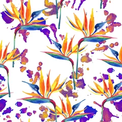 Keuken spatwand met foto Aquarel schilderij van tropische bloemen, kleurrijke vlekken naadloze patroon. © Tanya Syrytsyna