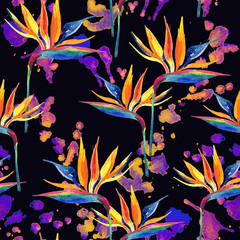 Watercolor painting of tropical flowers, colorful staines seamless pattern.