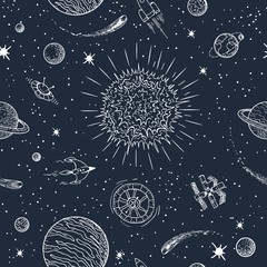 Solar system doodle pattern. Space planetary seamless background, cosmos galaxy astronomical vector texture